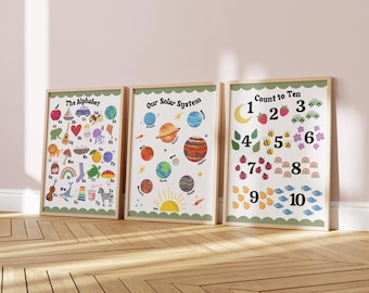 May include: Three framed educational posters for children. The first poster is titled "The Alphabet" and features colorful illustrations of letters and objects. The second poster is titled "Our Solar System" and features illustrations of planets and the sun. The third poster is titled "Count to Ten" and features illustrations of numbers and objects.