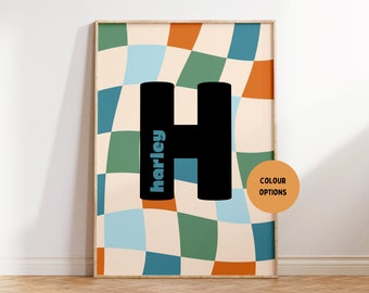 Boys Name Initial Print | Toddler Wall Art | Bedroom Prints | Checkerboard Retro | Personalised | Playroom Nursery | Cool Kids |