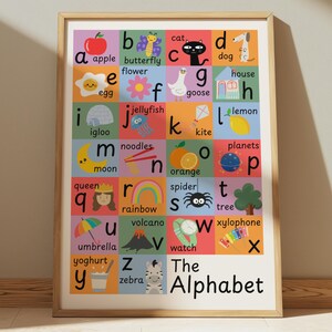 May include: A framed alphabet poster with colorful illustrations for each letter. The poster features words like "apple," "butterfly," "cat," and "dog," with corresponding images. The text "The Alphabet" is at the bottom.