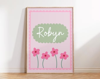 Girls Personalised Name Print | Girly Room | Kids Bedroom | Poster | Playroom Nursery Prints | Childrens Decor | Cute Flower | Pink Green