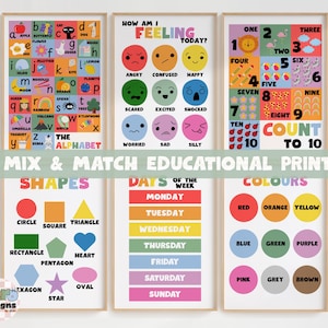 May include: A set of six educational wall art prints featuring colourful illustrations. The posters display the alphabet, feelings, numbers one to ten, shapes, days of the week, and colours with clear text labels for each item in a grid layout.