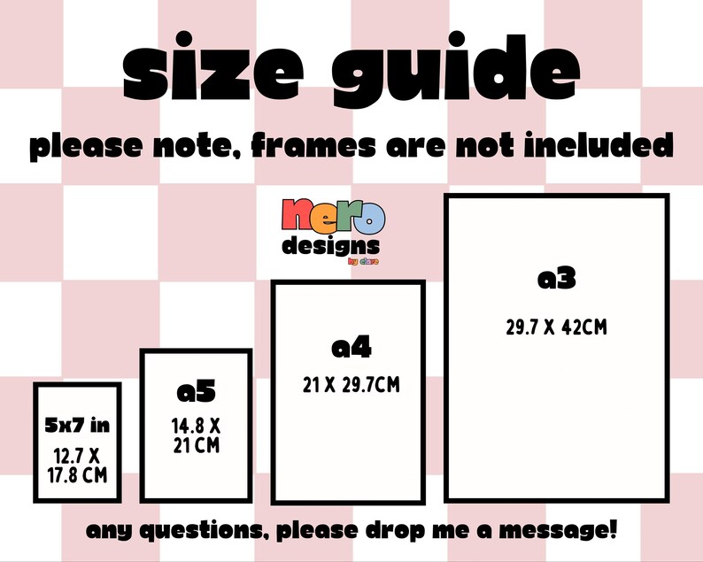 Może przedstawiać: Grafika z przewodnikiem po rozmiarach z pogrubionym tekstem "size guide". Pokazuje wymiary ramek A3, A4, A5 i 5x7 cali, z wymiarami w cm. Obecny jest r&oacute;wnież tekst "please note, frames are not included".