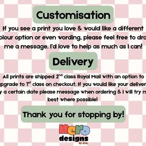 May include: A pink and white checkered background with text in green and black. The text reads "Customisation", "Delivery", and "Thank you for stopping by!". The Nero Designs logo is at the bottom.
