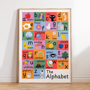 May include: A framed alphabet poster with colorful illustrations for each letter. The poster features words like apple, butterfly, cat, dog, egg, flower, goose, house, igloo, jellyfish, kite, lemon, moon, noodles, orange, planets, queen, rainbow, spider, tree, umbrella, yoghurt, zebra, and xylophone.