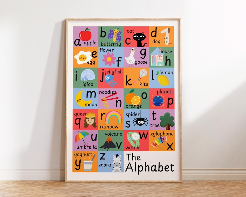 May include: A framed alphabet poster with colorful illustrations for each letter. The poster features words like apple, butterfly, cat, dog, egg, flower, goose, house, igloo, jellyfish, kite, lemon, moon, noodles, orange, planets, queen, rainbow, spider, tree, umbrella, yoghurt, zebra, and xylophone.
