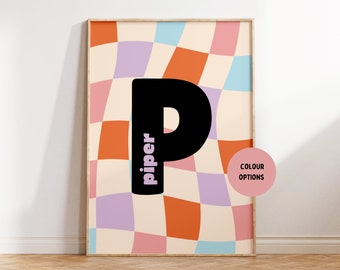 May include: A printable art print featuring the letter "P" in black with the word "piper" written vertically in pink on a background of wavy orange, pink, purple, and blue squares.