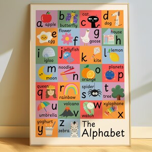 May include: Educational alphabet poster featuring colorful illustrations for each letter. Includes images of an apple, butterfly, cat, dog, egg, flower, goose, house, igloo, jellyfish, kite, lemon, moon, noodles, orange, planets, queen, rainbow, spider, tree, umbrella, volcano, watch, xylophone, yoghurt, and zebra.