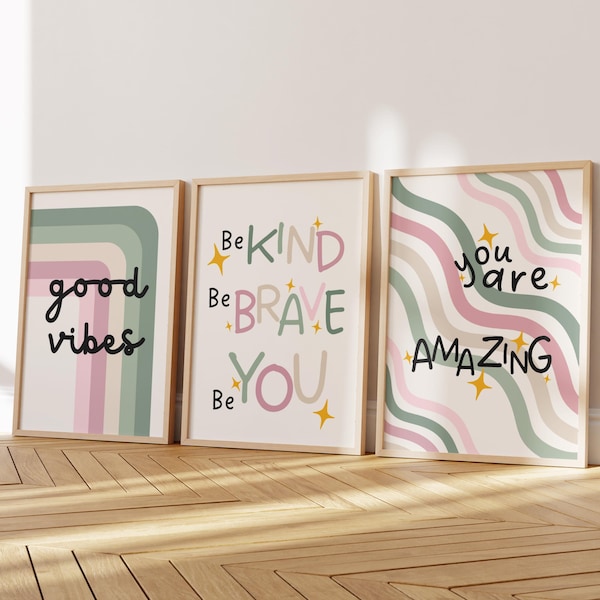 Childrens Affirmation Wall Art | Kids Bedroom Poster Set of 3 | Positive Quotes | Pink Green | Playroom Nursery Print | Girls | Room Decor