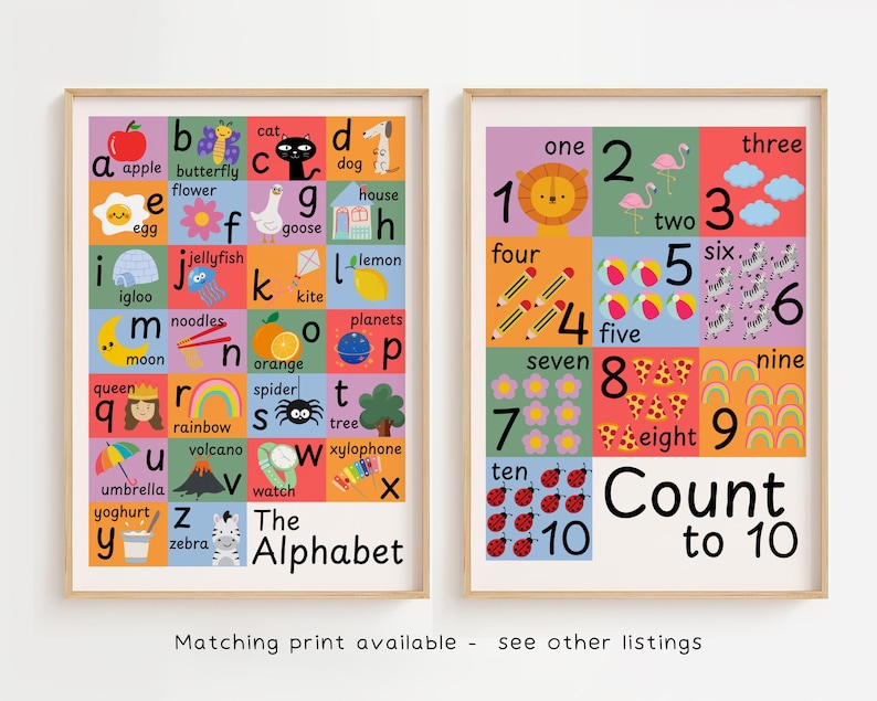 May include: Two framed educational prints. One features the alphabet with colorful illustrations for each letter. The other print displays numbers one through ten with corresponding images. Both prints have a wooden frame and are designed for children.