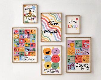 Set of 6 Rainbow Education Gallery Wall Prints | Kids Affirmation Posters | Toddler Decor | Playroom Bedroom Nursery