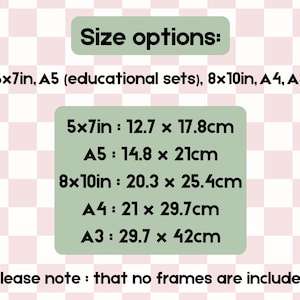 May include: Image displaying size options for prints, including 5x7 inches, A5, 8x10 inches, A4, and A3 sizes. The dimensions are also provided in centimeters: 12.7 x 17.8cm, 14.8 x 21cm, 20.3 x 25.4cm, 21 x 29.7cm, and 29.7 x 42cm. The text also states that no frames are included.