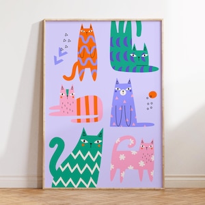 Cute Retro Cat Print | Kids Bedroom | Poster | Playroom Nursery Prints | Girls Boys Room | Childrens Decor | Bold Dopamine Quirky Wall Art