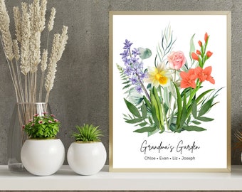 Geboorte bloem familie boeket aangepaste digitale print aangepaste geboorte bloemenprint gepersonaliseerd cadeau Moederdag oma cadeau bloemen familieportret