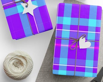 Purple and Blue Plaid Wrapping Paper – Bright Tartan Gift Wrap – Colorful Present Packaging