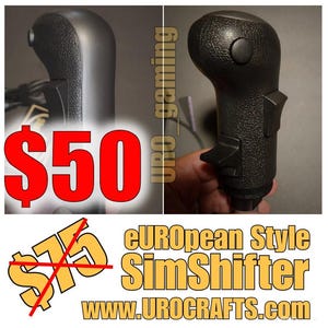 Könnte beinhalten: Schwarzer SimShifter im europäischen Stil mit strukturierter Grifffläche und Knöpfen. Das Bild zeigt den SimShifter aus zwei Blickwinkeln. Der Text "$50" ist rot. Der Text "URO gaming" befindet sich im Hintergrund.