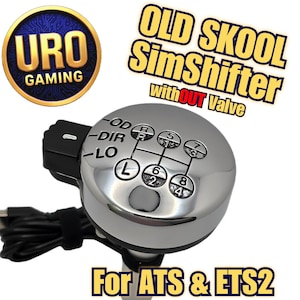 Pode incluir: SimShifter cromado com padrão de mudança de marcha, marcado com números e letras. O texto "OLD SKOOL SimShifter with OUT Valve" está acima da alavanca. O texto "For ATS & ETS2" está abaixo. Um logotipo URO Gaming está no canto superior esquerdo.