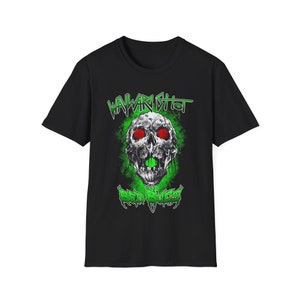 May include: Black t-shirt featuring a skull graphic with red eyes and green accents. The text "WAWARI SHOT" is above the skull, and "RED EYES" is below. The design has a distressed, grunge aesthetic.