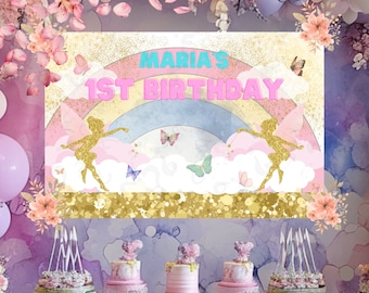 Fairy Birthday Backdrop Digital, Instant download, Fairy Rainbow birthday decorations Image, Fairy garden party printable backdrop banner