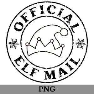 May include: A black and white circular graphic with the text "OFFICIAL ELF MAIL" in a distressed font. The design includes a stylized elf hat and snowflakes, with "PNG" at the bottom.