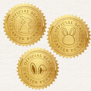 以下が含まれることがあります： 「Official Seal Easter Bunny」というテキストとウサギのシルエットが描かれた金箔のステッカー3枚。