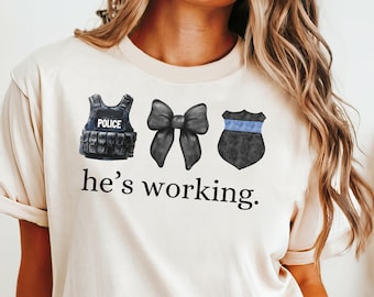 He’s Working PNG, Police Wife, Cop Wifey, Law Enforcement Officer, LEO Spouse Gifts, Thin Blue Line Police Badge Bow Cuffs LEOW Coquette