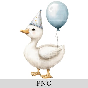 Silly Goose Birthday Clipart, Kids Birthday Whimsical PNG, Cute Baby Goose Art for Baby Shower Parties, Blue Balloon, One Silly Goose