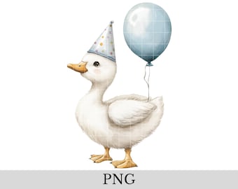 Silly Goose Birthday Clipart, Kids Birthday Whimsical PNG, Cute Baby Goose Art for Baby Shower Parties, Blue Balloon, One Silly Goose