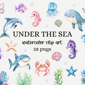 Onder de zee clipart, aquarel oceaandieren png, schattige zeedieren, uitnodiging afdrukbare illustraties, commercieel gebruik, decor verjaardagsfeestje