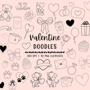 Hand Drawn Valentine Doodles PNG, Valentine’s Day Line Art Images, Hearts, Coquette Bow, Galentine Clip Art