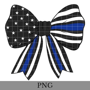 Könnte beinhalten: Eine schwarz-weiße Schleife mit einem blauen Streifen, die an die amerikanische Flagge und die dünne blaue Linie erinnert. Die Schleife ist zu einem Knoten gebunden und hat eine schwarze Mitte.