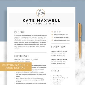 May include: A black and white resume template with a gold accent. The template features a professional summary, experience, education, and skills sections. The name "Kate Maxwell" is at the top of the page.