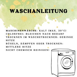 May include: A black and white illustration of a washing machine with instructions for washing, bleaching, drying, and ironing. The text reads: "WASCHANLEITUNG", "MASCHINENW&Auml;SCHE: KALT (MAX. 30&deg;C)", "CHLORFREI: BLEICHEN NACH BEDARF", "TROCKNEN IM W&Auml;SCHETROCKNER: GERINGE HITZE", "B&Uuml;GELN, D&Auml;MPFEN ODER TROCKNEN: MITTLERE HITZE", "NICHT CHEMISCH REINIGEN!"