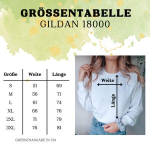 May include: Size chart for Gildan 18000 shirts, showing width and length measurements in centimeters for sizes S through 3XL.