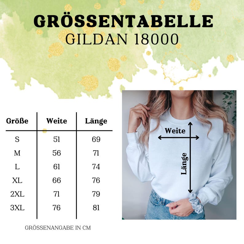 May include: Size chart for Gildan 18000 shirts, showing width and length measurements in centimeters for sizes S through 3XL.