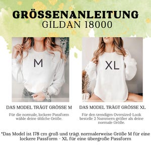May include: Size chart for Gildan 18000 sweatshirts. The chart shows a model wearing a size M and a size XL. The text states that the model is 178 cm tall and normally wears a size M for a relaxed fit and a size XL for an oversized fit.