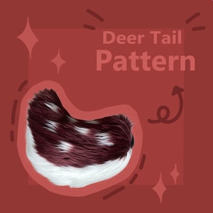 Puede incluir: Un patrón de cola de ciervo se muestra sobre un fondo rojo. La cola es de piel sintética burdeos y blanca, con manchas blancas. El texto "Deer Tail Pattern" está en letras blancas.