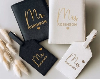 Personalized Passport Holder&Mr. Mrs.Luggage Tag-Custom Bridal Party Gifts, Boutique Travel Set-A Thoughtful Honeymoon and Valentine's Gift