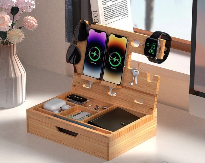 Versatile Organization: Holder Wallet Nightstand Organizer - Bedside Table Organizer for Men with a Foldable Cell Phone Stand for Desk