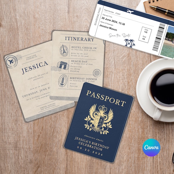 Passport Invitation Template for Destination Wedding, Birthday Party, Customizable in Canva, Personalized DIY Printable, Instant Download