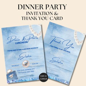 Denim and Pearls Invitation | Blue Glitter Party Invite | Digital Download | Sunday Dinner Invite