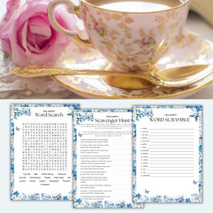May include: Three printable game cards for a tea party. The first card is a word search with the words "tea set", "sandwiches", "lemon", "honey", "ladies", "cupcakes", "top hat", "white gloves", "teaspoon", "gentlemen", and "flowers". The second card is a scavenger hunt with instructions to find items related to a tea party. The third card is a word scramble with the words "teapots", "afternoon", "cute cup", "sugar", "just say", "tea time", "your", "smile", "straw", "yummy", "napkin", "tea bag", "really", "nice", "tea", and "enjoy".