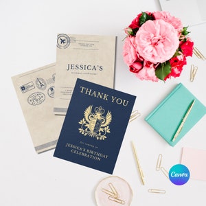 Cartão de agradecimento, passaporte, tema de viagem, festa de viagem, arquivo digital, tema de passaporte personalizado - Perfeito para eventos de destino e casamentos"