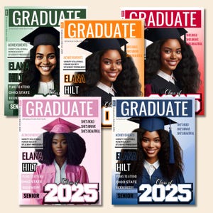 May include: A collection of graduation magazine covers featuring a smiling woman in a cap and gown. Each cover has the word "GRADUATE" in bold letters, the graduate's name, and the year "2025". The covers are in various colors.