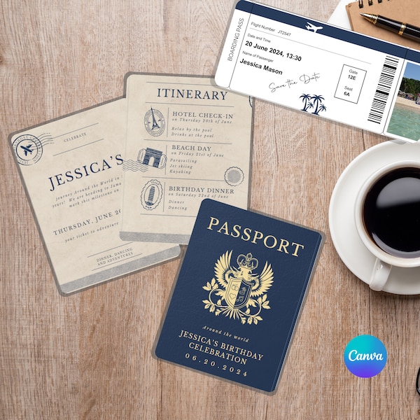 Passport Invitation Template for Destination Wedding, Birthday Party, Customizable in Canva, Personalized DIY Printable, Instant Download