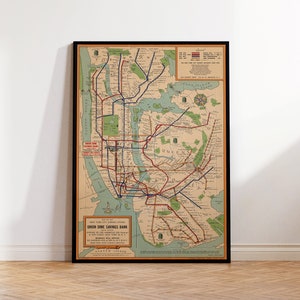 Mapa antiguo del sistema de metro de la ciudad de Nueva York, mapa del metro vintage de 1954, mapa antiguo del metro, manhattan, brooklyn, queens, metro bronx retro nyc