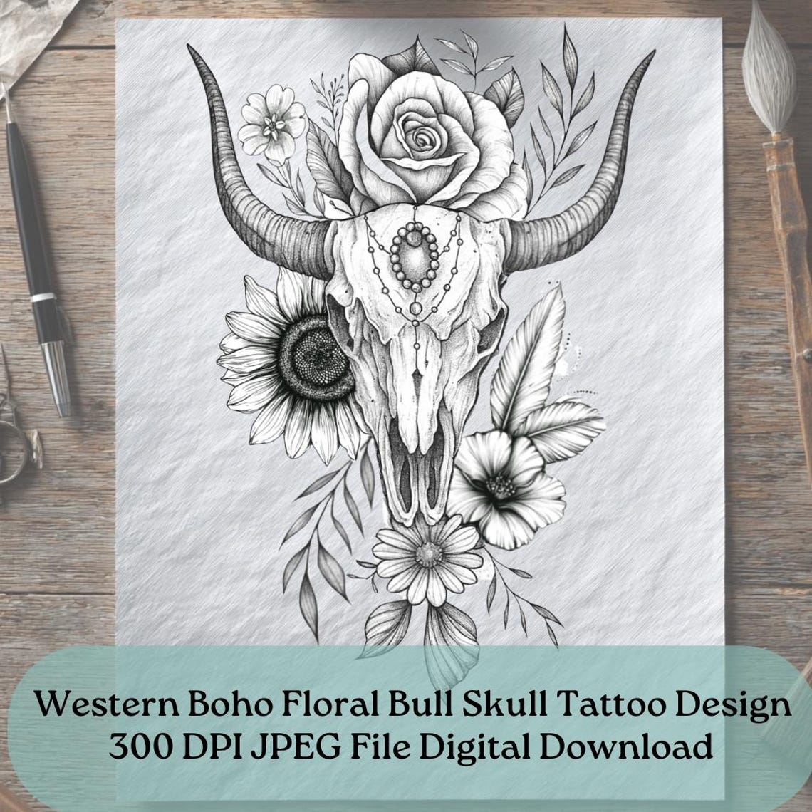 Bull Skull Tattoo Design: Rose, Sunflower & Feather Floral (digital ...