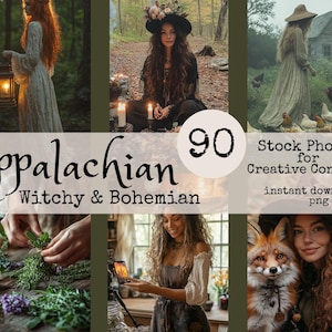 May include: A collage of six images with a dark green background. The images feature women in bohemian and witchy attire, with text that reads "Appalachian Witchy & Bohemian" and "90 Stock Photos for Creative Content".