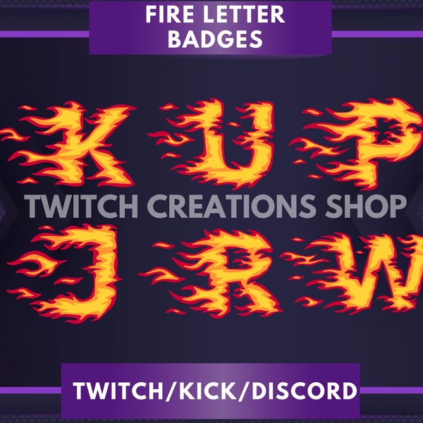 Twitch Fire Letters (K,U,P,J,R,W) Sub Badges - Set Of 6 Badges - Featuring Cheer Letters For Streamers - Alphabet Text Badges.