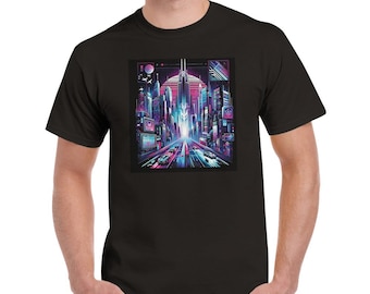 Neon Cityscape: retro-futuristisch cyberpunk- en vaporwave-T-shirt