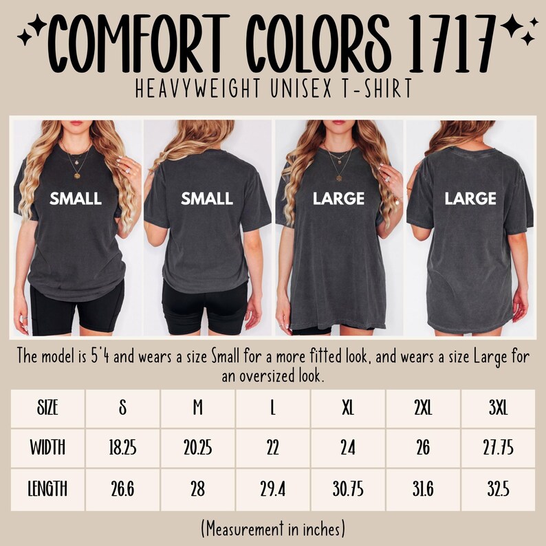 Może przedstawiać: Ciemnoszara koszulka unisex Comfort Colors 1717. Obraz przedstawia prz&oacute;d i tył koszulki w rozmiarach Small i Large. Tabela rozmiar&oacute;w pokazuje wymiary w calach dla rozmiar&oacute;w od S do 3XL.